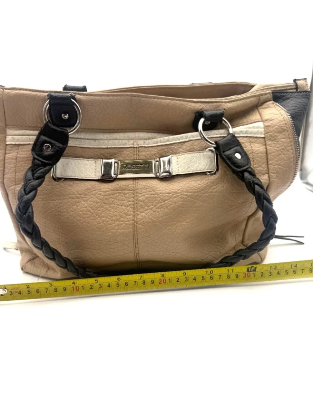 Rosetti Beige Black Braided Handle Satchel Shoulder Bag Faux Leather Purse